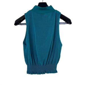 Teal Pleated Sleeveless Mock Neck Blouse Size Medium Fairy Y2K Workwear